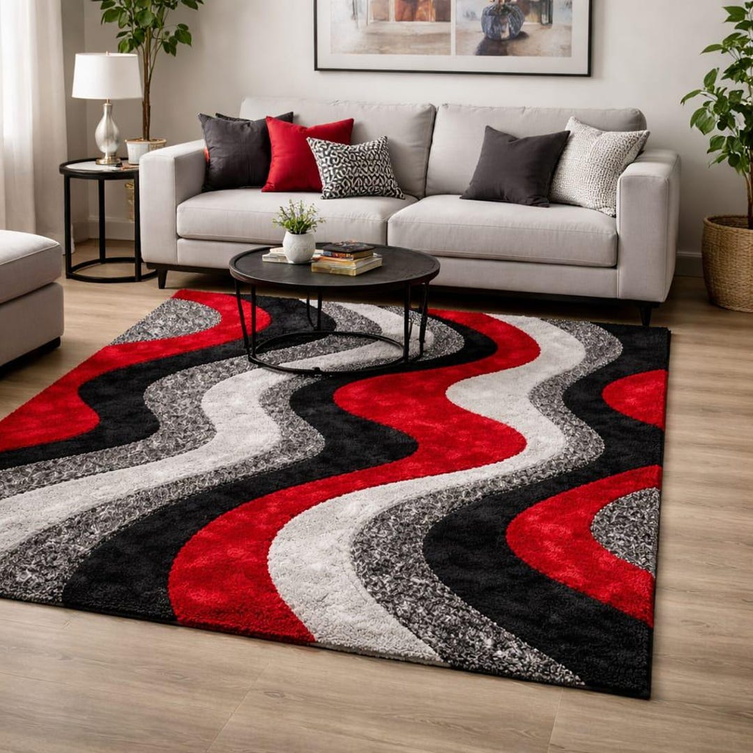 Red Wavy Rug Modern Abstract Red Black Gray Area Rug, Soft Shaggy Living Room Carpet ...