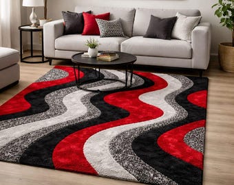 Modern Abstract Wavy Area Rug Red Black Grey Contemporary Living Room Carpet