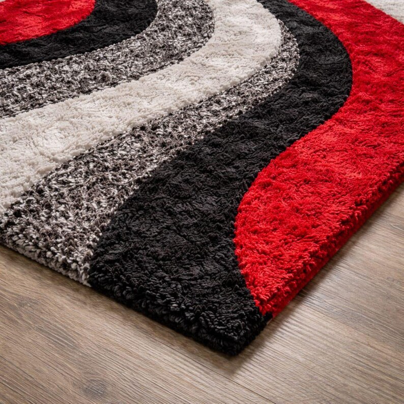 Red Wavy Rug Modern Abstract Red Black Gray Area Rug, Soft Shaggy Living Room Carpet ...