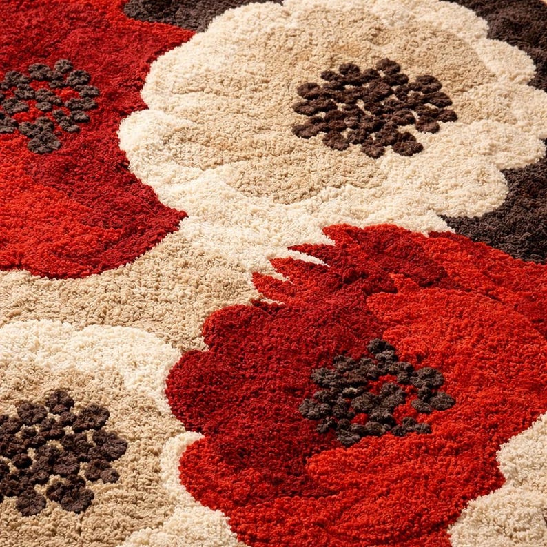 Hand Tufted Wool Rug, Large Red Poppy Floral Botanical Carpet, Modern ...