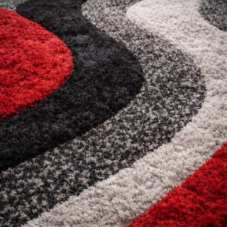 Modern Abstract Red Black Gray Area Rug, Soft Shaggy Living Room Carpet ...