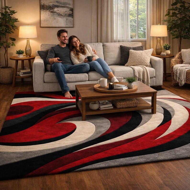 Modern Red Black Grey Abstract 6x9 Area Rug for Living Room Decor ...