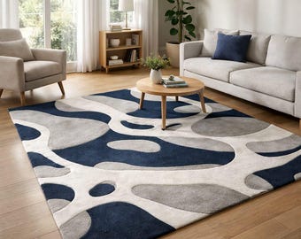 Modern Abstract Navy Grey Hand Tufted Wool Area Rug Carpet Living Room