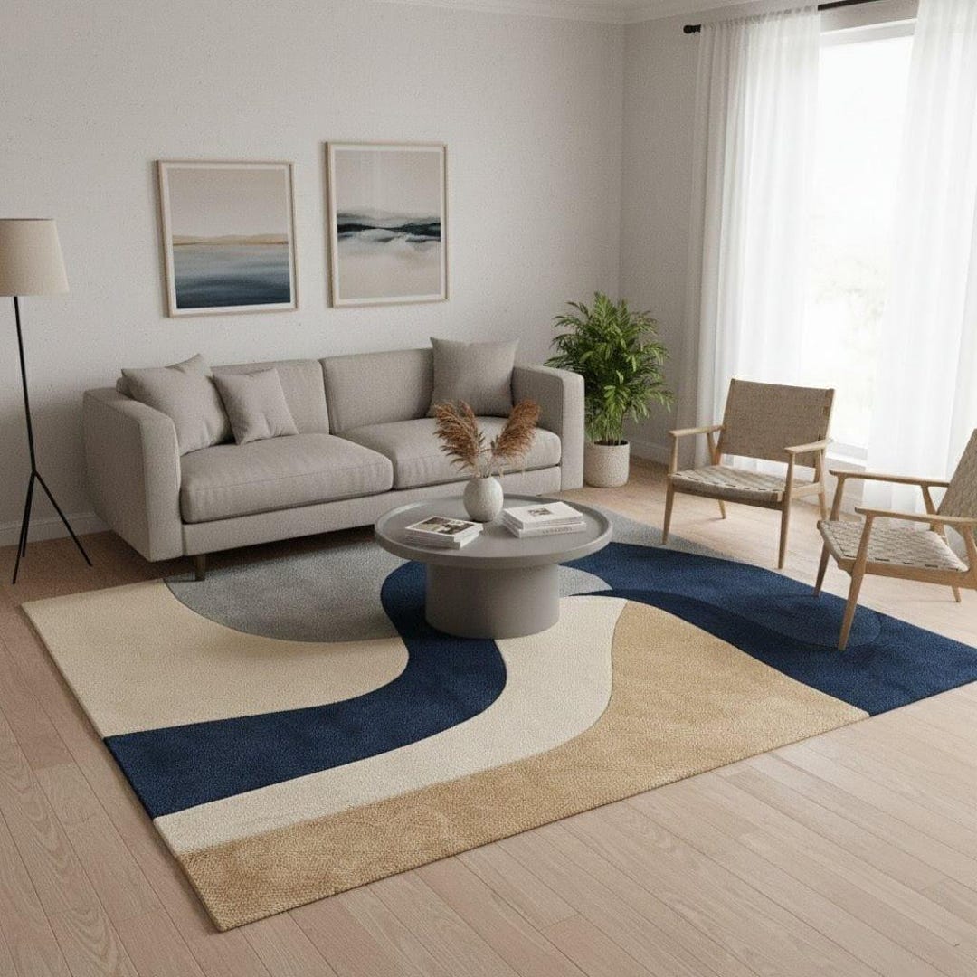 Abstract Wool Area Rug: Hand Tufted Blue Beige Modern Living Room ...