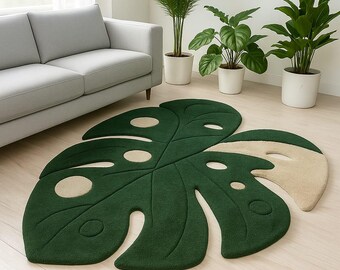 Monstera Leaf Rug 5x8ft 6x9ft 8x10ft, Botanical Area Rug, Tropical Green Accent Rug, Modern Nature Decor Rug, Bedroom Area Rug