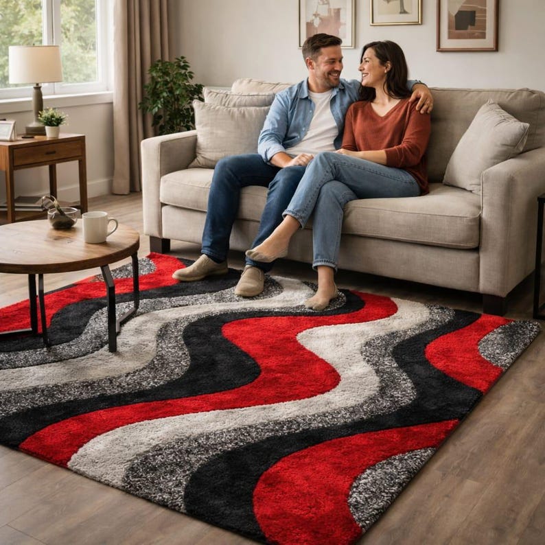 Red Rug Mc Modern Abstract Red Black Gray Area Rug, Soft Shaggy Living Room Carpet ...