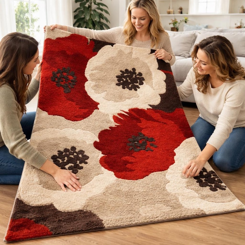 Hand Tufted Wool Rug, Large Red Poppy Floral Botanical Carpet, Modern ...