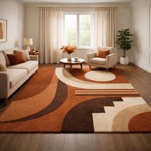 May include: A large, patterned area rug in a living room setting. The rug features a retro design with curved and geometric shapes in shades of brown, beige, and orange. The room includes a sofa, armchair, coffee table, and a potted plant.