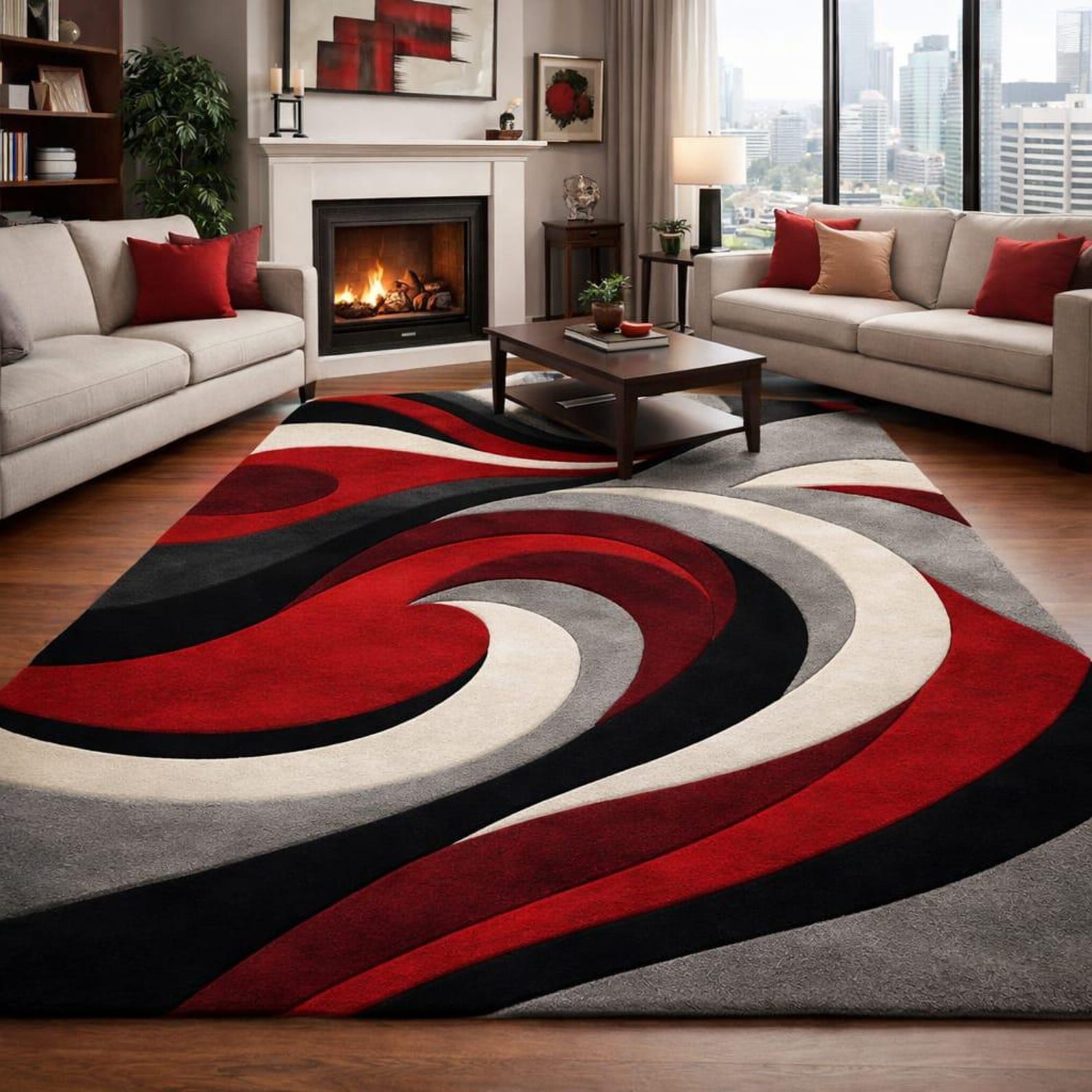 Modern Red Black Grey Abstract 6x9 Area Rug for Living Room Decor ...