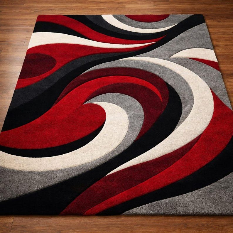 Modern Red Black Grey Abstract 6x9 Area Rug for Living Room Decor ...