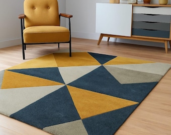 Modern Geometric Yellow Blue Area Rug | Hand-Tufted Living Room Carpet