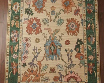 Vintage Green Beige Floral Wool Area Rug | Traditional Hand Knotted Oushak Carpet