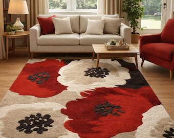 Hand-Tufted Wool Area Rug, Red Poppy Floral Design
