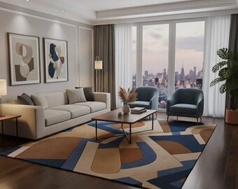 Hand Tufted Wool Abstract Rug: Navy Blue, Brown Geometric 5x8 Living Room Carpet