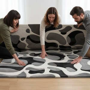 Modern Abstract Black White Gray Wool 8x10 Area Rug, Hand-Tufted Luxury Carpet image 2