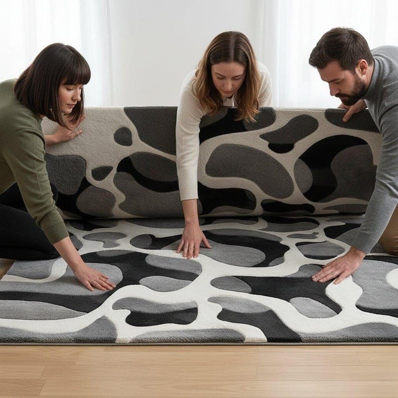 Modern Abstract Black White Gray Wool 8x10 Area Rug, Hand-Tufted Luxury Carpet image 2