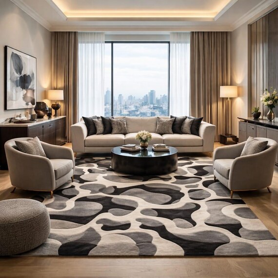 Modern Abstract Black White Gray Wool Rug, Hand-Tufted Luxury Carpet