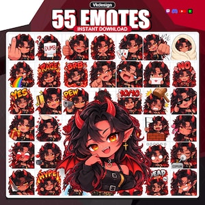 以下が含まれることがあります： アニメスタイルの悪魔キャラクターの55個の絵文字デジタルコレクション。中央に大きなイラストが配置されています。キャラクターは長い黒髪、赤い角、翼を持ち、DUMB、RAGE、BRB、YES、PEW、10/10、COPIUM、DEADなどのテキストと共に様々な表情やアクションを見せています。