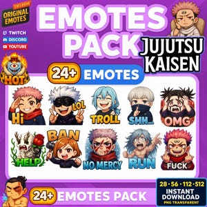 Pacchetto di Emote Jujutsu Kaisen per Twitch e Discord – Oltre 24 Emoji Anime Chibi – Divertenti ed Espressivi – PNG Trasparenti – Download Istantaneo – JJK