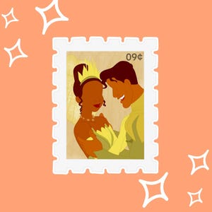 May include: A white postage stamp with a 09¢ value, depicting a couple in formal wear. The woman has a crown and necklace, and the man wears a yellow suit. The image is set against a peach background with white star shapes.