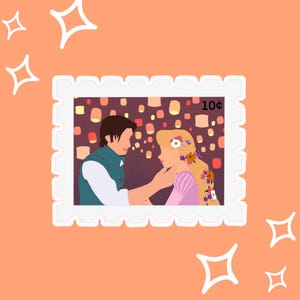 May include: A postage stamp illustration depicting a romantic scene. The man is in a teal waistcoat and white shirt, and the woman has long blonde hair with flowers. The background shows floating lanterns. The stamp reads "10¢".