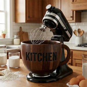 Könnte beinhalten: Ein schwarzer Küchenmixer mit einem Schneebesen aus Edelstahl befindet sich über einer großen Holzschüssel. Die Schüssel ist dunkelbraun und trägt den Schriftzug "KITCHEN". Der Mixer steht auf einer Holz-Arbeitsplatte.