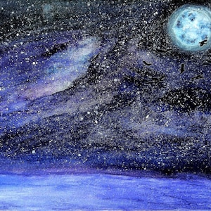 Original Watercolor Painting – Moonlit Night with Mysterious Atmosphere, Dreamy Sky Scene, Moody Nocturnal Wall Art on Paper