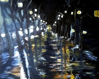 オリジナル油絵：雨の夜の都会の街の風景 - ランプの光の反射 - Etsy 日本