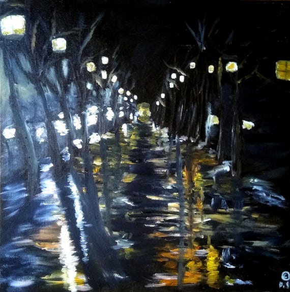 オリジナル油絵：雨の夜の都会の街の風景 - ランプの光の反射 - Etsy 日本