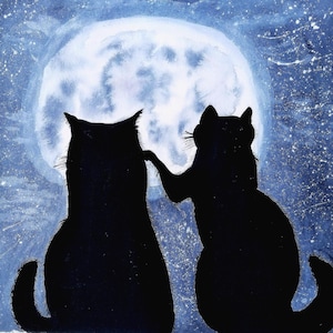 Original Watercolor Painting: Two Cats Under Moonlight, Dreamy Feline Art