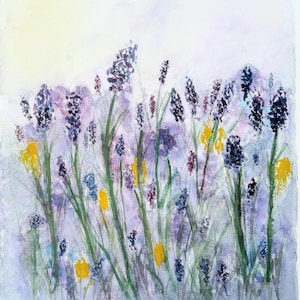 Original Watercolor Lavender Field Painting: Expressive Floral Landscape
