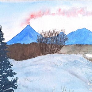 Paesaggio montano invernale con abete – Acquerello originale su carta / Paesaggio freddo / Decorazione naturale innevata per interni accoglienti