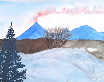 冬の山の風景、雪に覆われた丘のオリジナルの水彩画、雪景色、アルプス