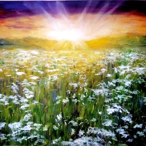 Original Oil Painting: Sunrise Field Landscape - Textured Golden Morning Wall Art