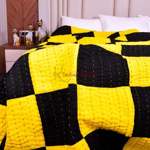 Handmade Yellow & Black Patch Work Kantha Quilt, Reversible Cotton Bedspread, Hand-stitched Boho Bedding Blanket,