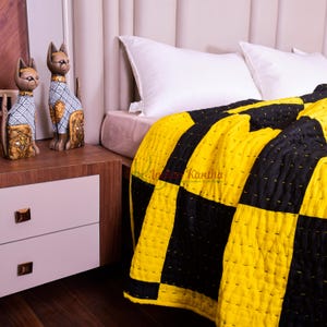 Yellow & Black Patch Work Kantha Quilt, Handmade Reversible Cotton Bedspread, Boho Bedding, King Quilt.