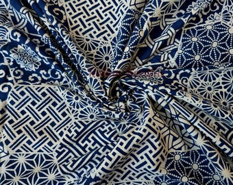 Handgjort indigo bomullstyg | Japanskt geometriskt blocktryck