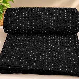 Black Kantha Quilt Handmade Cotton Bedspread Hand Stitched Blanket Reversible Indian Bedding Boho Decor