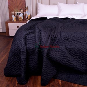 Reversible Cotton Blanket, Handmade Black Kantha Quilt, Hand-Stitched Indian Bedspread, King Size Boho Bedding.