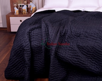 Manta reversible de algodón, edredón Kantha negro hecho a mano, colcha india cosida a mano, ropa de cama bohemia tamaño king.
