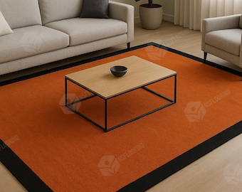 Tappeto moderno arancione con bordo nero / Tappeto minimalista per soggiorno, tappeto rettangolare contemporaneo