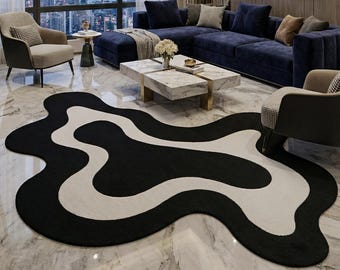 Black and White Wavy Rug, Modern Abstract Living Room Carpet