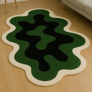 Abstract Wavy Rug, Green & Black Blob Design, Modern Boho Decor, 3x5 ft image 1