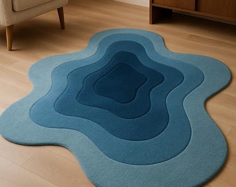 Hand Tufted Wool Rug, Blue Amoeba Shape, Living Room Home Decor