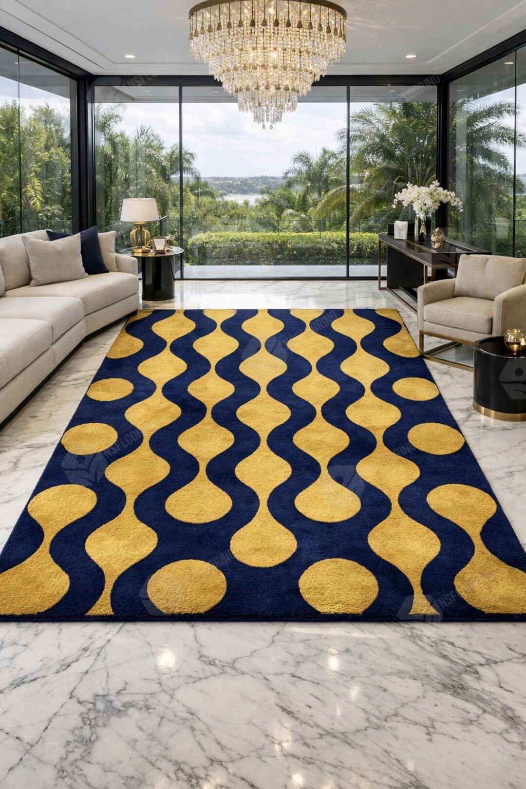 Hand Tufted Wool Rug, Navy Blue & Gold Abstract Rug, Modern Geometric ...
