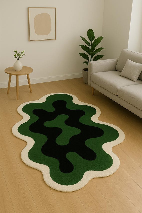 Abstract Wavy Rug, Green & Black Blob Design, Modern Boho Decor, 3x5 ft