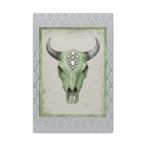 Rustieke stier schedel kunst aan de muur, boho woondecoratie, koe schedel schilderij, uniek cadeau voor koeienliefhebbers, boerderij muur decor, groen decor