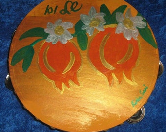 Pomegranate hand painted Tambourine 10 "inch Emperor's GoldShips from Israel