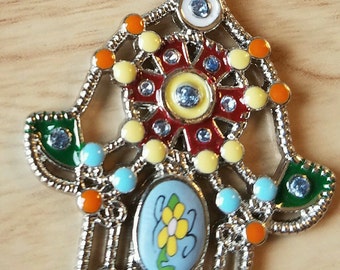 Jewish Bohemian Hamsa Kabbalistic-Orange, Yellow, Enamel, Silver Charms, Rhinestones, Boho Hamsa Necklace Healing Hand of Miriam Jewelry