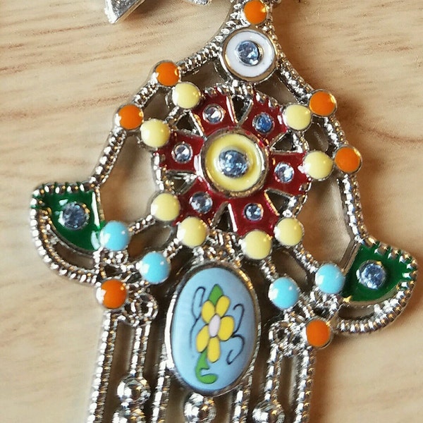 Jewish Bohemian Hamsa Kabbalistic-Orange, Yellow, Enamel, Silver Charms, Rhinestones, Boho Hamsa Necklace Healing Hand of Miriam Jewelry